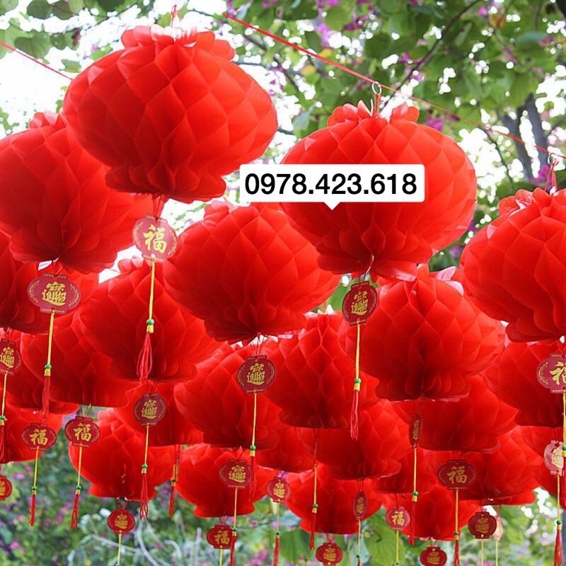 Combo 100 đèn lồng / 50 đèn lồng xếp đỏ ni lông trang trí Điện máy Xanh, Thế giới di động,FPT , siêu thị, trung tâm thương mai, nhà Chùa