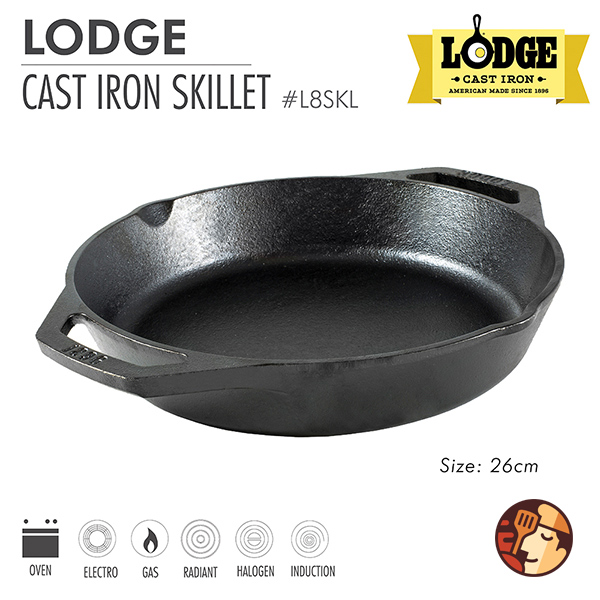 Chảo gang Lodge hai tay cầm 26 cm chống dính tự nhiên, dùng được cho mọi loại bếp và lò nướng