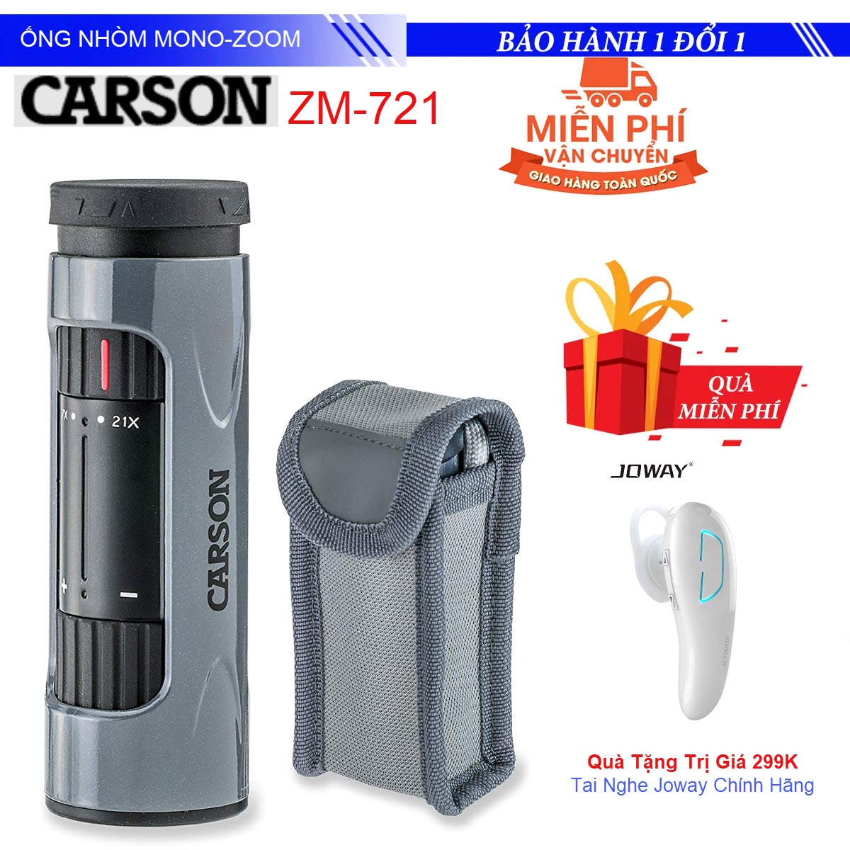 Tặng Tai Nghe 299K - Ống Nhòm Một Mắt Zoom 7x-21x Carson ZM-721 - Carson MonoZoom 7-21x21mm Zoom Monocular (ZM721)