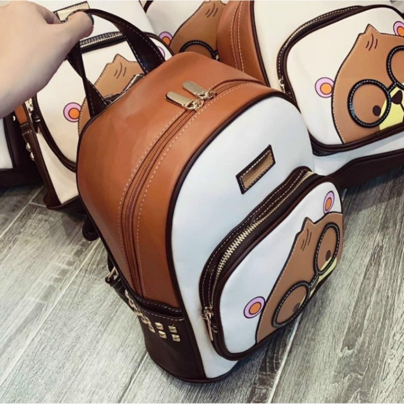 Balo nữ balo thời trang viền đinh, hình chú gấu đeo kinh thời trang h56