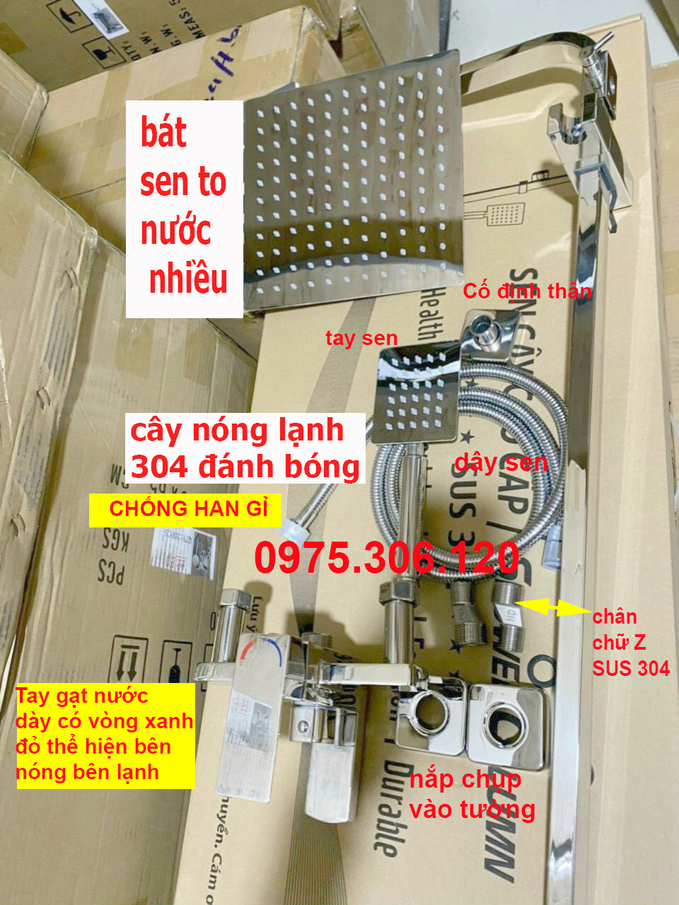 Bộ sen cây tắm đứng nóng lạnh inox 304 đánh bóng n1005 fotar bóng và tay sen và dây sen cây vuông bóng