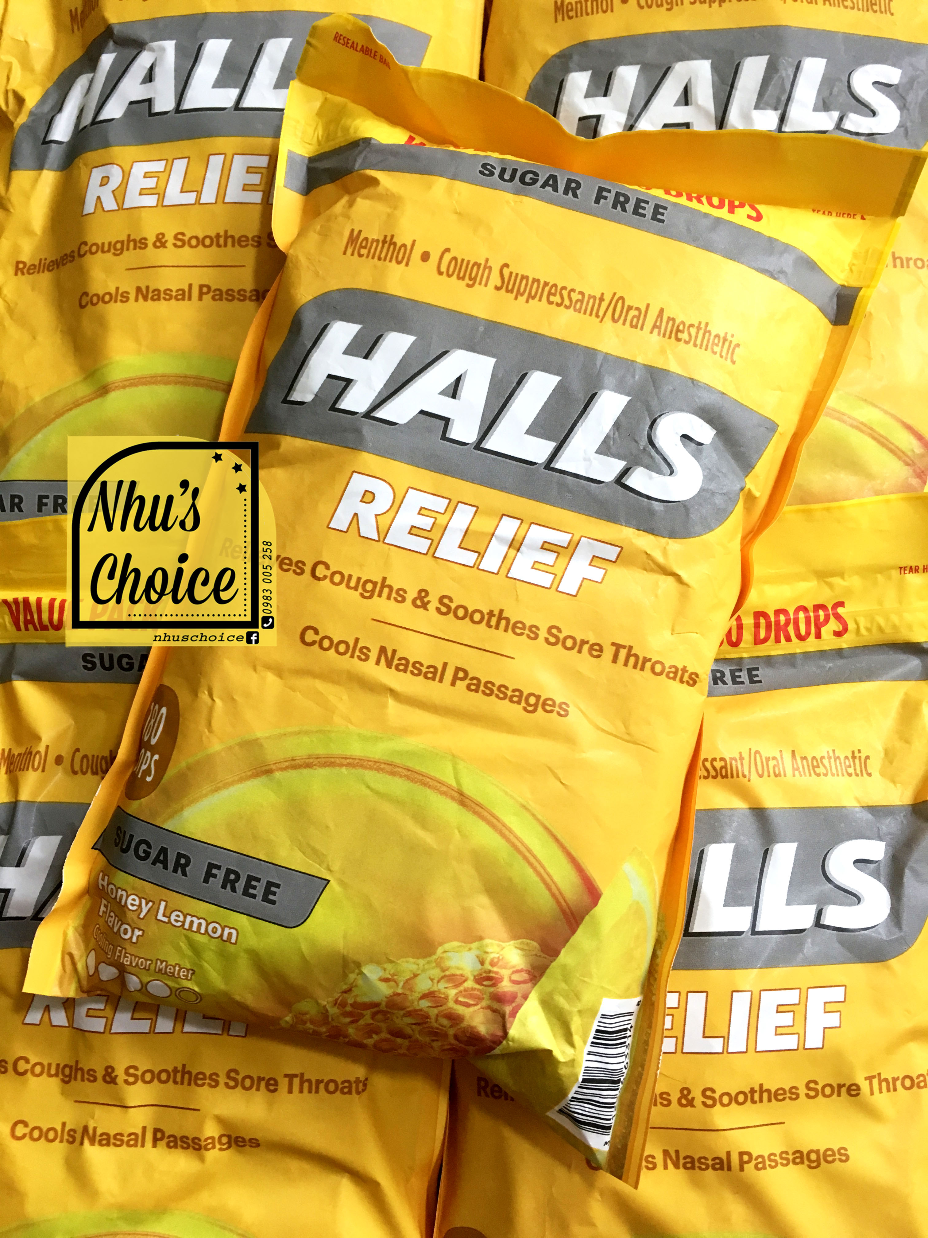 [Nhu's Choice] 1 túi (Date Xa) Kẹo ngậm Halls Cough Drops Mỹ, vị Chanh mật ong Honey Lemon 180 viên