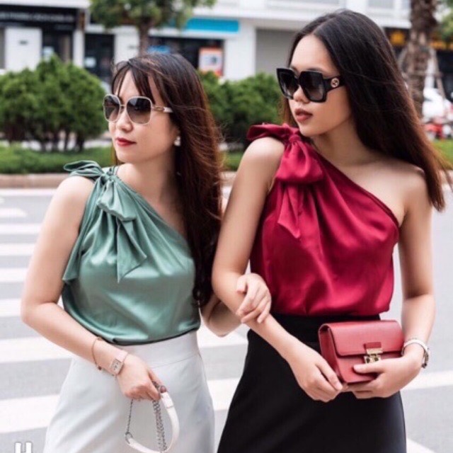 [HCM]Ảnh thật - Áo nữ phi bóng lệch bên vai đính nơ vai cực tối giản nữ tính