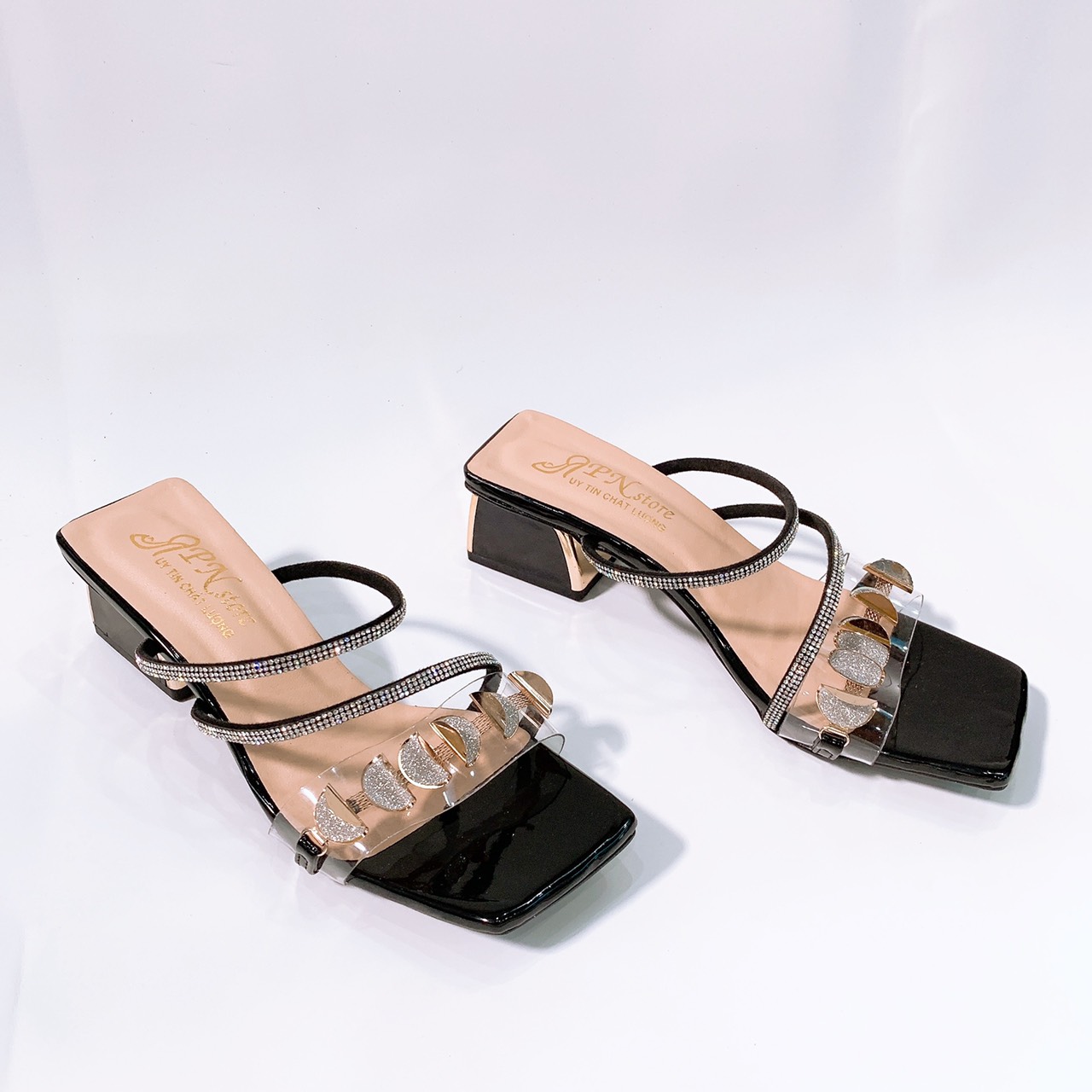 Giày/guốc cao gót vuông 5p quai trong kết khóa dây xoàn chéo hông - G02