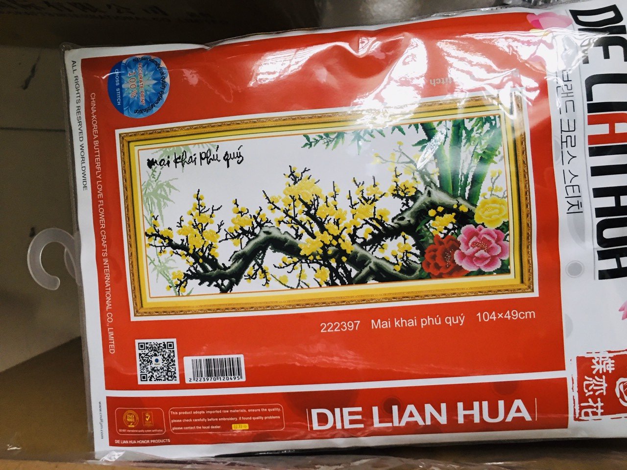 [HCM]Tranh thêu chữ thập Cành Mai 222397-104x49cm (chưa thêu)