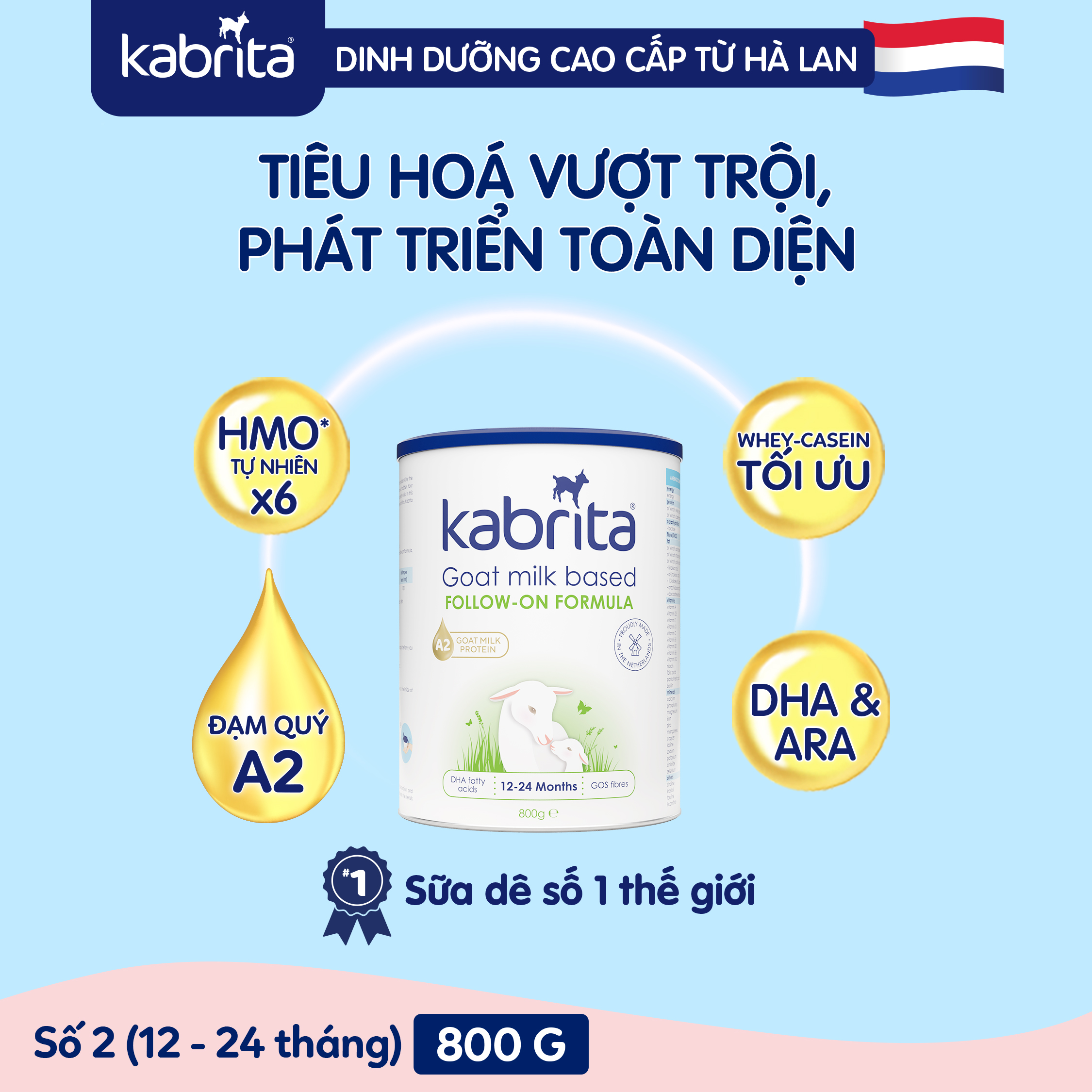 Sữa dê kabrita số 2 cho trẻ từ 12 - 24 tháng - lon 800g