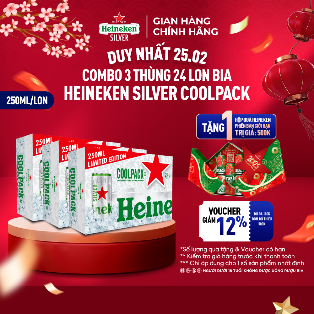 Combo 3 Thùng 24 lon bia Heineken Silver Coolpack 250ml/lon