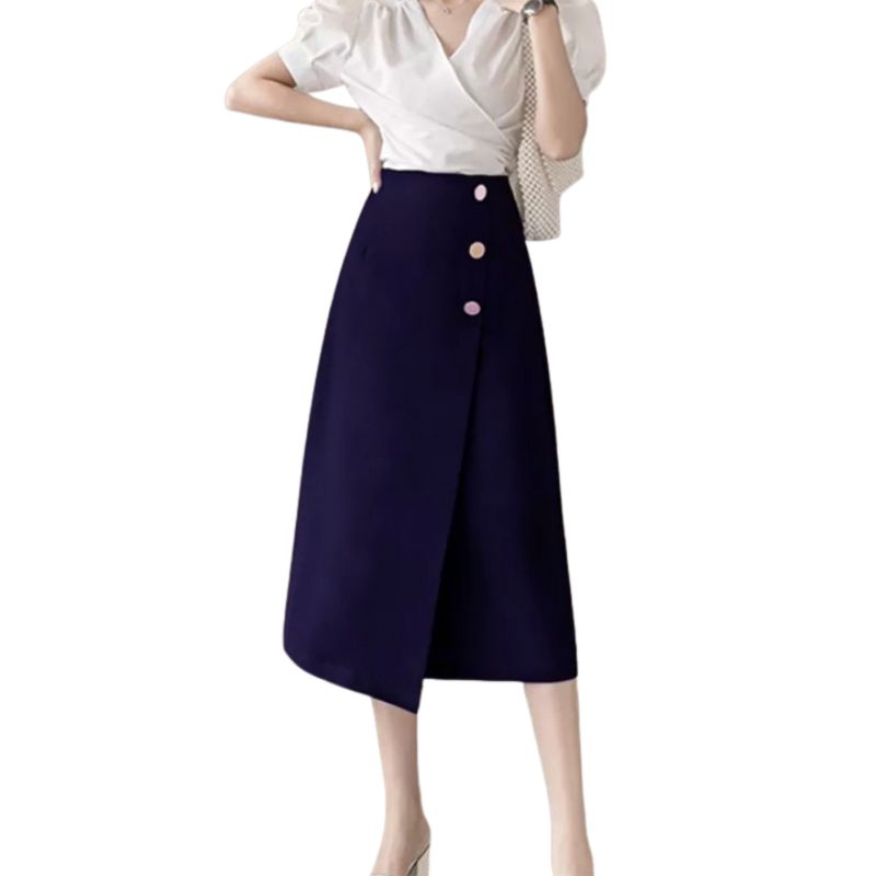 Chân váy chữ A dài qua gối thiết kế kiểu tà đắp che bụng  phối cúc cá tính New Design CV0066