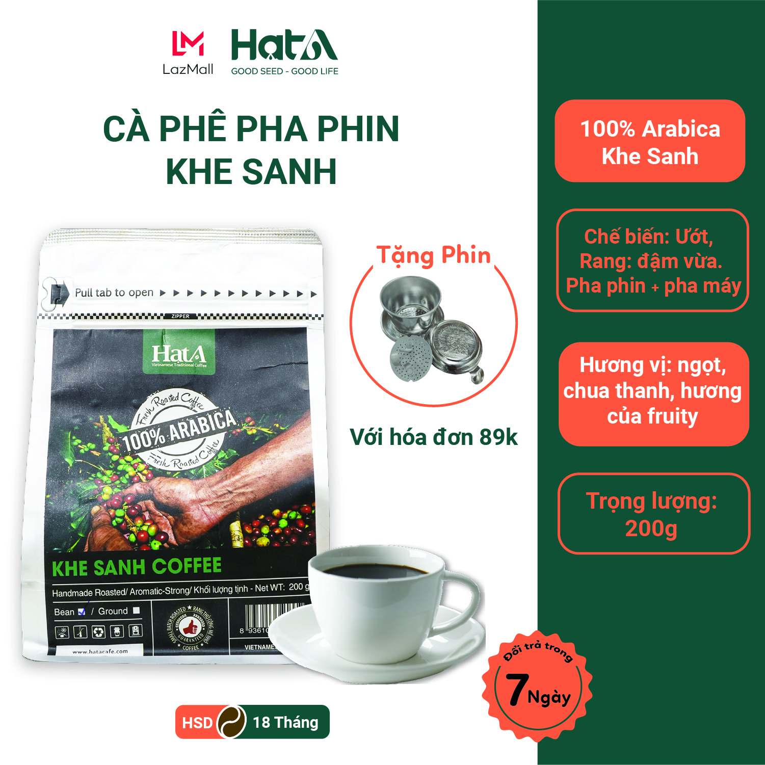 Cà phê rang xay nguyên chất Khe Sanh coffee Hạt A Cafe - 100% hạt arabica vị đắng nhẹ, chua thanh, cafe dùng pha phin hoặc pha máy, không pha trộn, không hóa chất - dạng bột 200g