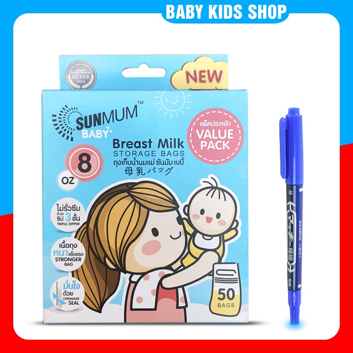 [ Tặng 1 bút ghi chú] Túi trữ sữa sunmum 50 Thái Lan 250ml - 3 khoá zip chống tràn - Free BPA an toàn cho bé
