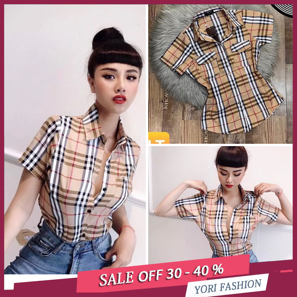 ÁO SƠ MI NỮ CỌC TAY, ÁO SƠ MI PHỐI SỌC BBR, ÁO SƠ MI NGẮN 2 TÚI SM1