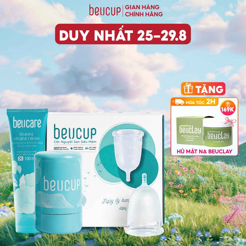 Combo 1 Cốc nguyệt san Silicone y tế Beu Cup+ 1 Dung dịch vệ sinh phụ nữ BeU Care 100ml + 1 Dung dịch vệ sinh cốc nguyệt san BeU Mate 50ml