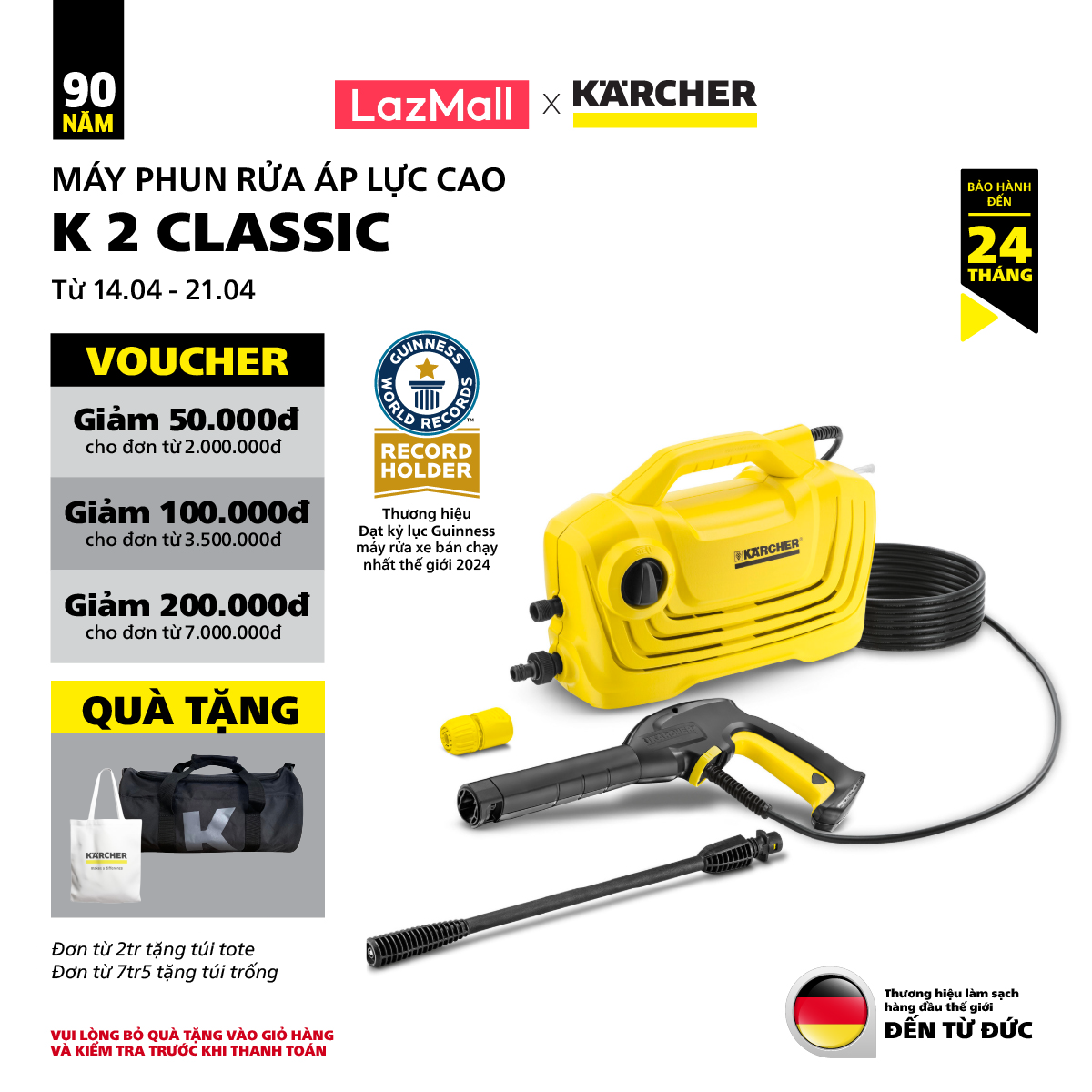 Máy xịt rửa xe cao áp Karcher K2 Classic 1400W - Máy rửa xe 110 bar kèm kèm súng phun nước, khớp nối ống nước, dây áp lực dài,..