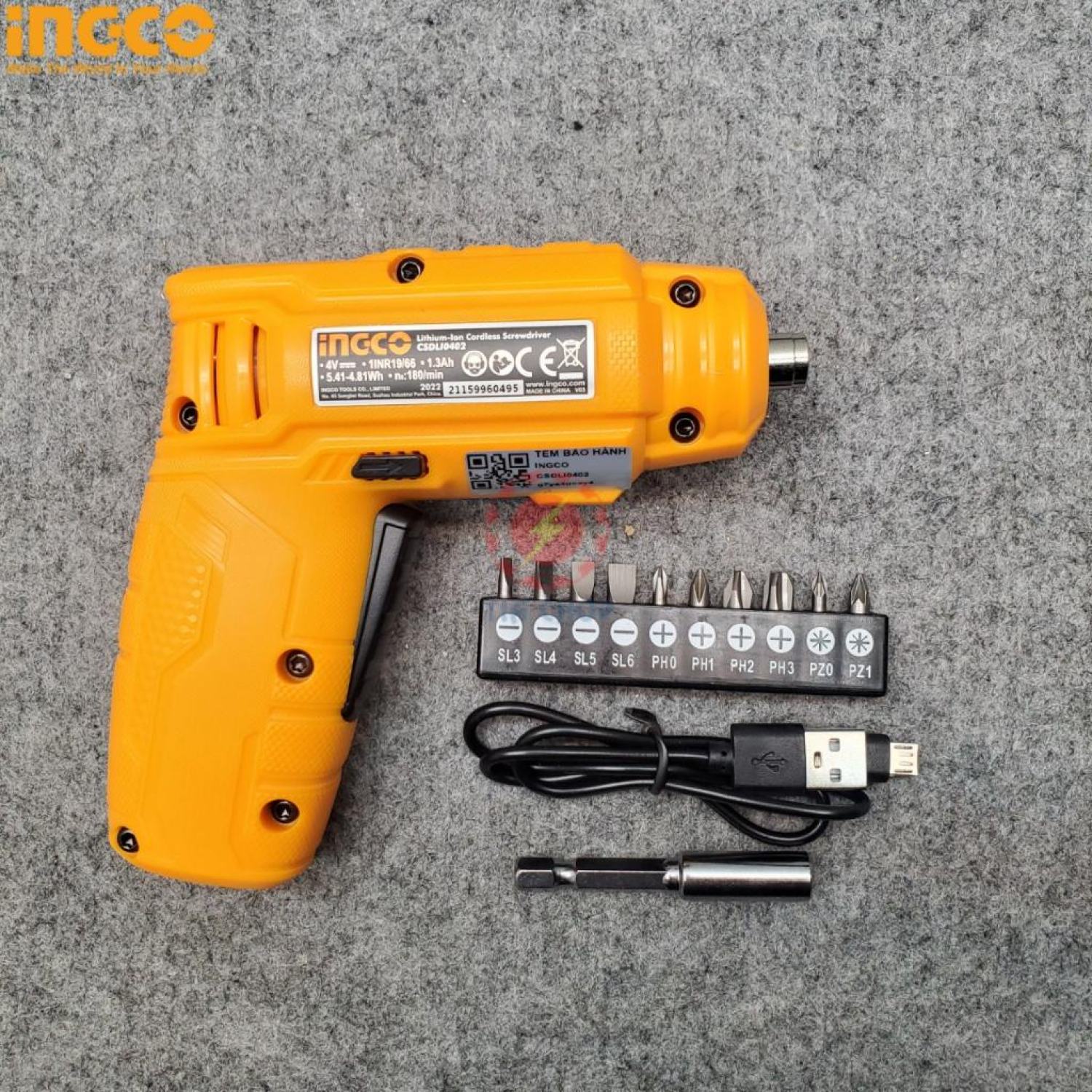 Máy bắn vít mini dùng pin 4v ingco csdli0402 đầu lục giác 1/4'', tốc độ 180v/p, lực xoắn 4nm, cài đặt mô men xoắn 15+1