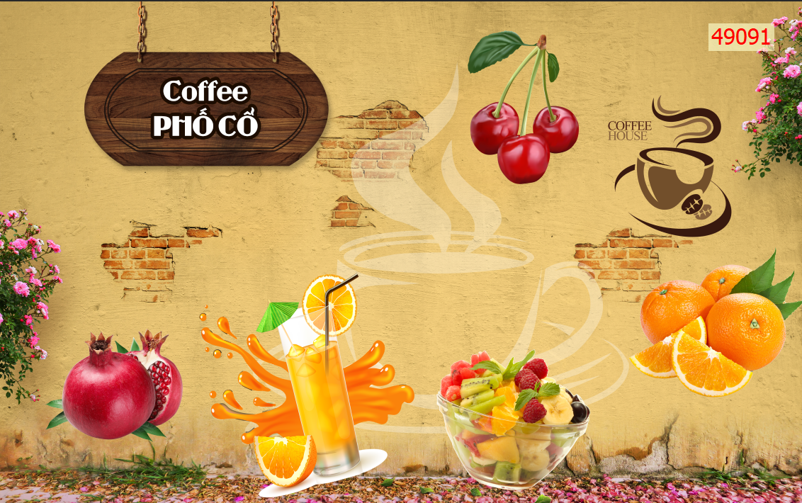 Tranh dán tường 3d trang trí quán cafe trà sữa trà chanh giá rẻ đẹp chất liệu decal pp keo sẵn bóc dán PA