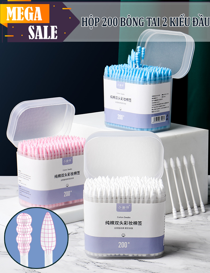 Hộp 200 tăm bông 2 đầu tiện lợi, cao cấp - Hộp 200 chiếc Tăm bông trẻ em kháng khuẩn vệ sinh tai mũi - Hộp tăm bông 200 que 3 màu sắc màu ngẫu nhiên - Tăm bông thế hệ mới cực êm tai