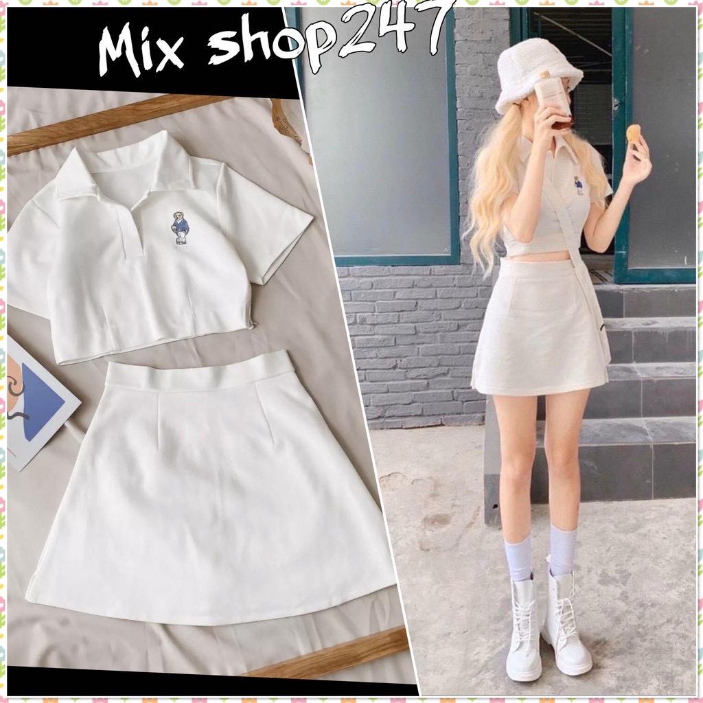 [HCM]Set bộ chân váy đầm có quần trong áo croptop thêu gấu cổ bẻ xinh xắn dễ thương
