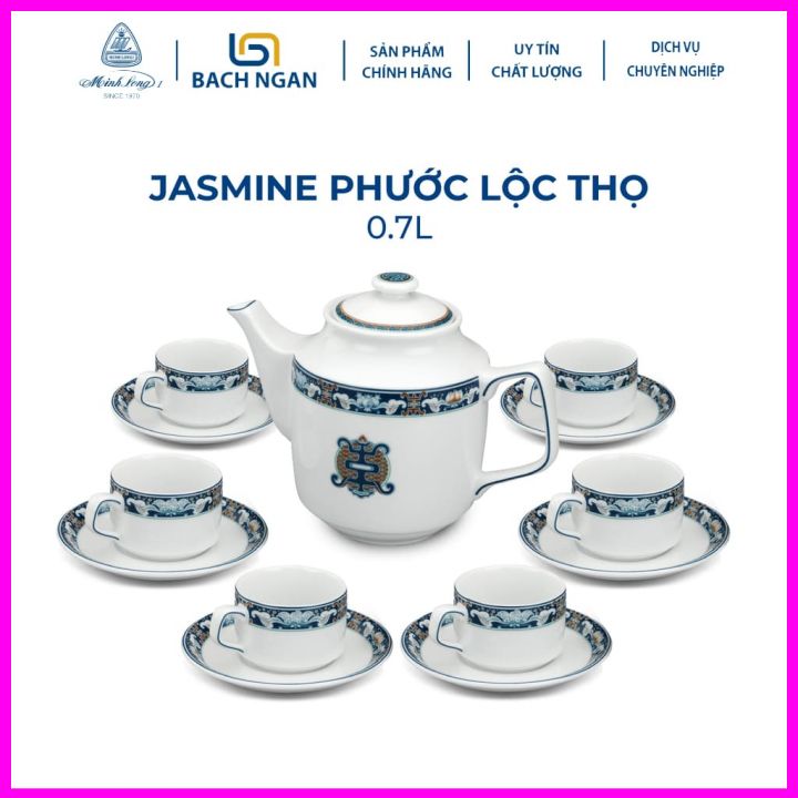Bộ Ấm Trà Gốm Sứ Cao Cấp Minh Long 0.7 L - Jasmine - Phước Lộc Thọ hàng đẹp, sang trọng đãi khách, quà tặng - 6 tách