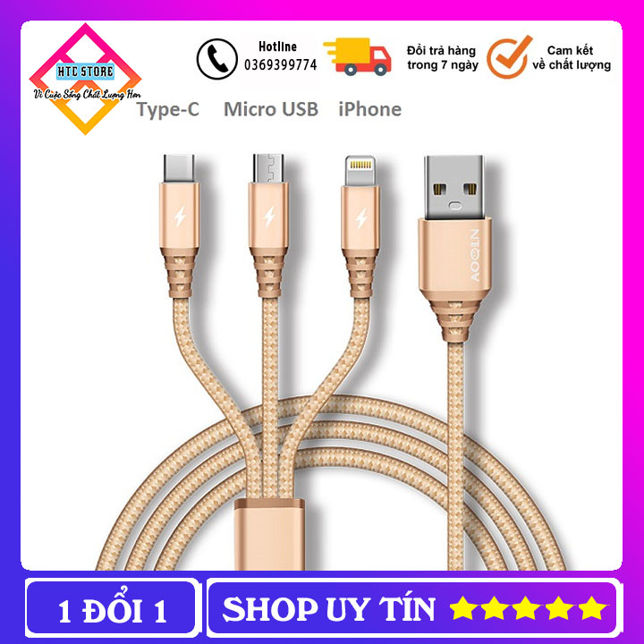 Cáp Sạc 3 Đầu Dài 1m2 - Dây Sạc Chất Liệu Vải Dù Chắc Chắn Chống Gập - Đầu Sạc Đa Năng -Siêu Bền