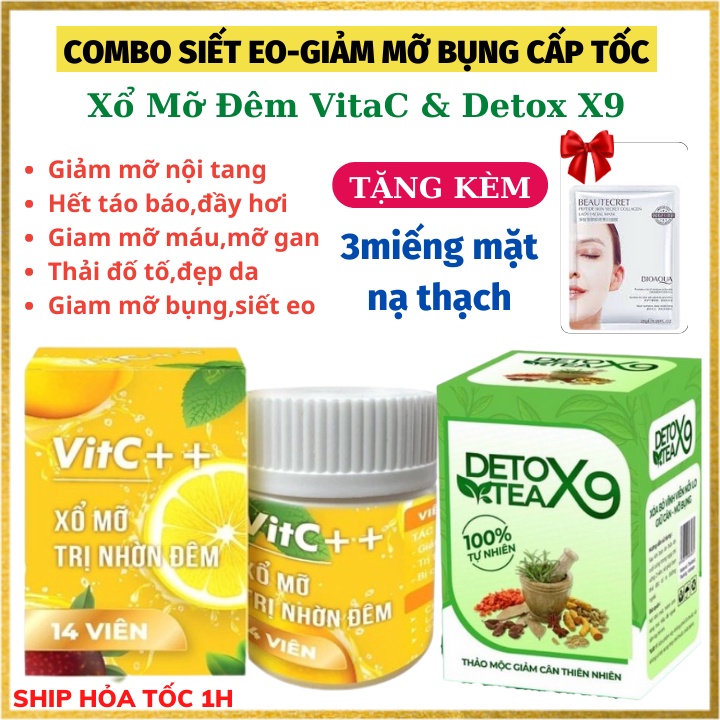 Combo Siết Eo Giam Mỡ Bụng Xổ Mỡ Đêm VitaC+ Detox X9 Viên Uống Giam Cân