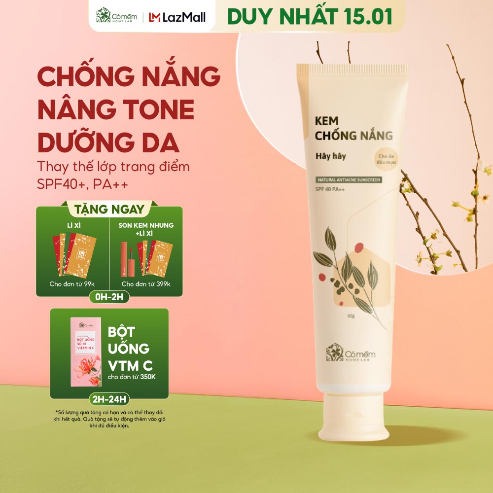 [TRỢ GIÁ 8%] Kem Chống Nắng Thiên Nhiên Hây Hây Cho Da Thường Dầu Mụn SPF 40, PA ++ Thấm Nhanh Không Nhờn Rít An Toàn Cỏ Mềm 60g