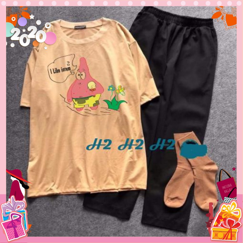 [HAN HAN SHOP 181] Sét Bộ Đồ Nữ Mặc Đi Chơi Dạo Phố Ngắn Tay Mùa Hè, Áo Phông Cotton In Thú Đầu Đỏ Kèm Quần Jogger Kaki