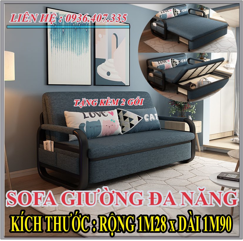 Giường sofa thông minh gấp gọn Ghế sofa giường đa năng khung thép , sofa giường đa năng gấp gọn thành giường  -KT 1,3m x 1,9m Bảo hành 5 năm - Tặng kèm 2 gối