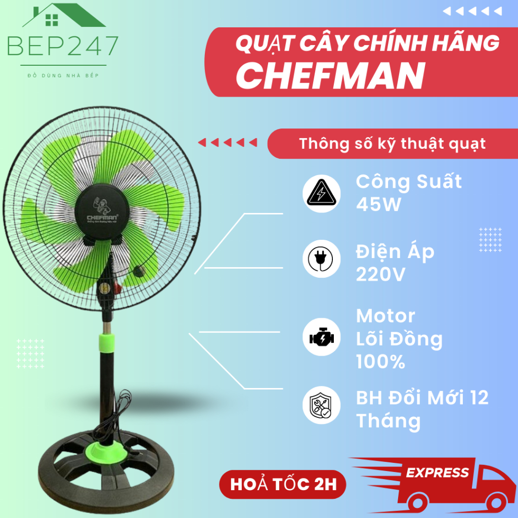 Quạt cây công nghiệp quạt điện cơ chính hãng chefman, quạt cây lửng 6 cánh điện áp 220v công suất 45w bh 12 tháng