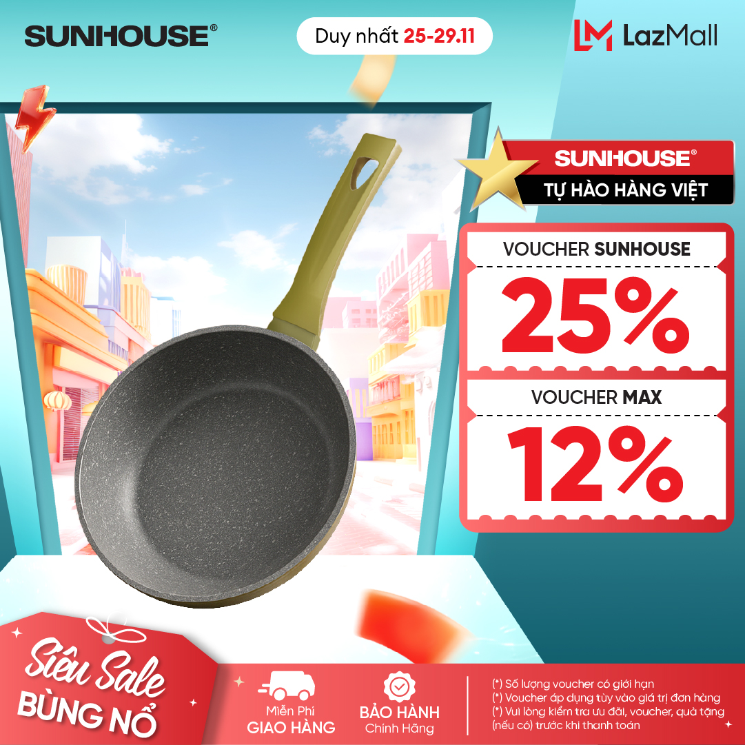 Chảo siêu bền đá sâu đáy từ Sunhouse Trendy SBD24-26-28-30MA - Chống dính 3 lớp - Lòng chảo sâu  - Dùng mọi loại bếp