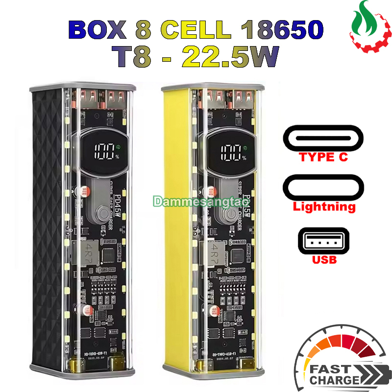 8-Cell 18650 Backup Charger Case with Spring (T8) for Fast Charging 22.5W