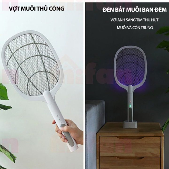 Vợt muỗi thông minh kiêm đèn tự động bắt muỗi - vợt muỗi đa năng 3 trong 1 - kèm đế và dây sạc usb