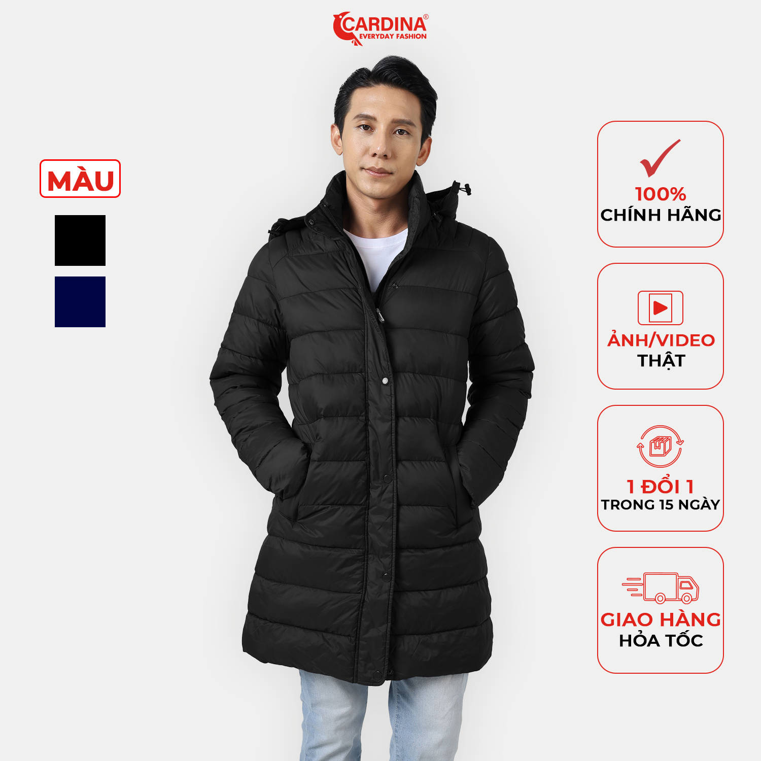 Áo khoác phao nam 𝐂𝐀𝐑𝐃𝐈𝐍𝐀 trần bông nhật cao cấp dáng dài siêu nhẹ siêu ấm 2pdm