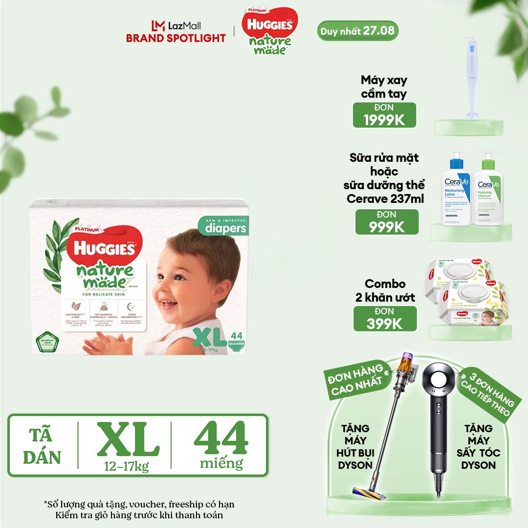 [CHỈ 27.8 GIẢM THÊM 40K] Tã/Bỉm dán HUGGIES PLATINUM NatureMade XL44 (12-17kg)-Gói Jumbo 44 miếng