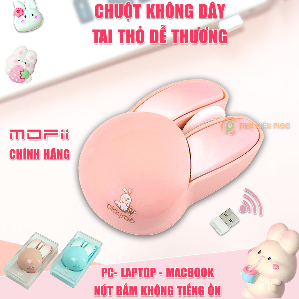 Chuột tai thỏ hồng không dây máy tính dễ thương cute wireless 2.4G không tiếng ồn Playrab MOFII M6