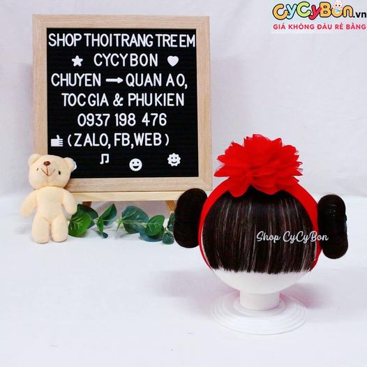 Băng đô cho bé vải thun bông đỏ kèm mái và 2 búi