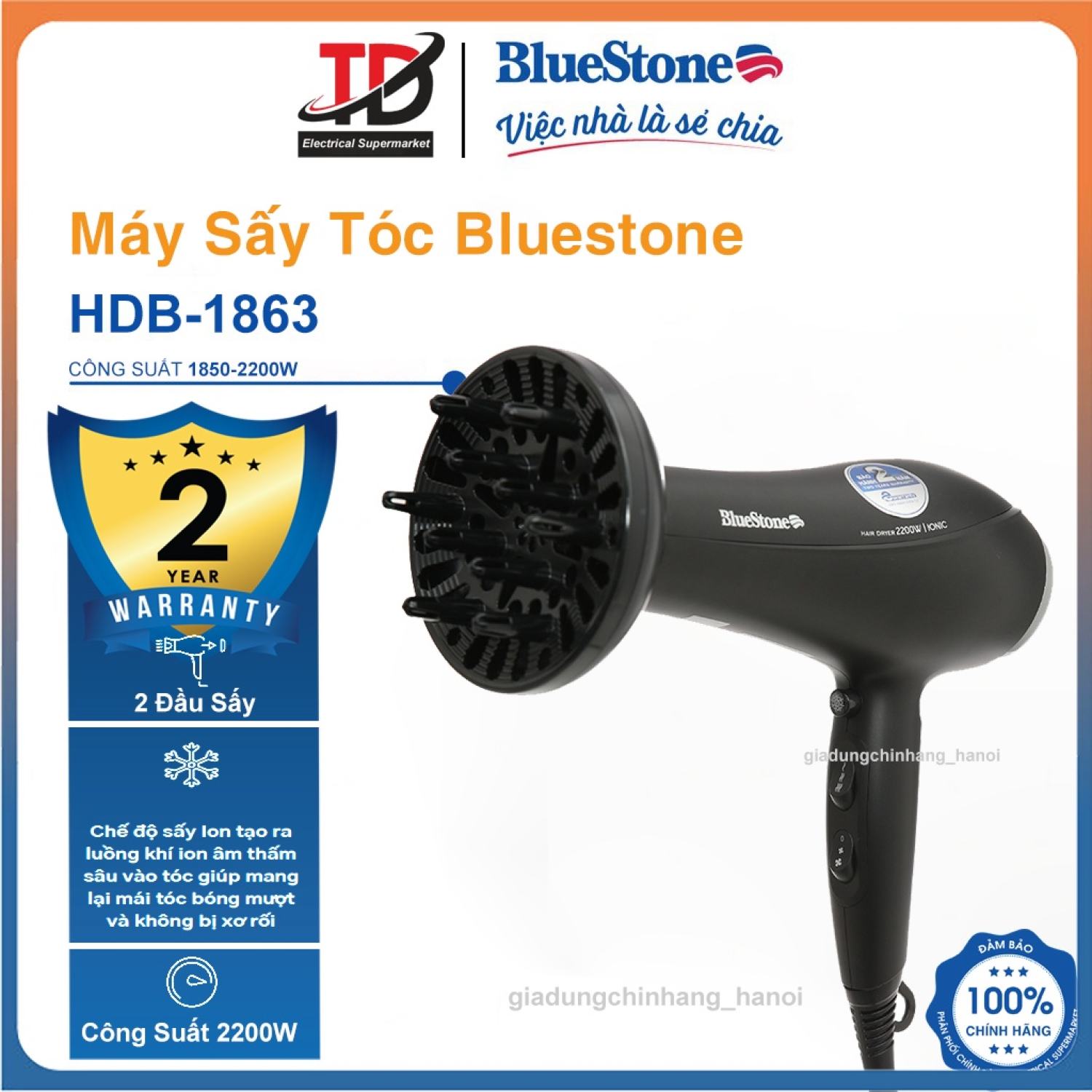 Máy sấy tóc bluestone hdb-1863, 2200w công nghệ ionic giúp tóc mềm mượt, bảo hành chính hãng 2 năm