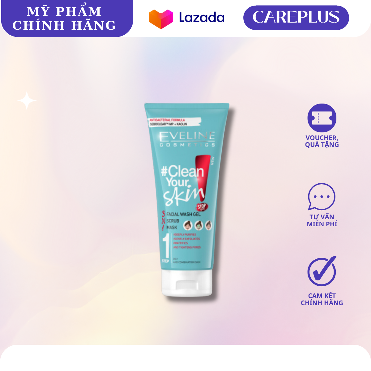 Gel rửa mặt Eveline Clean Your Skin ngừa mụn 3 tác động 200ML