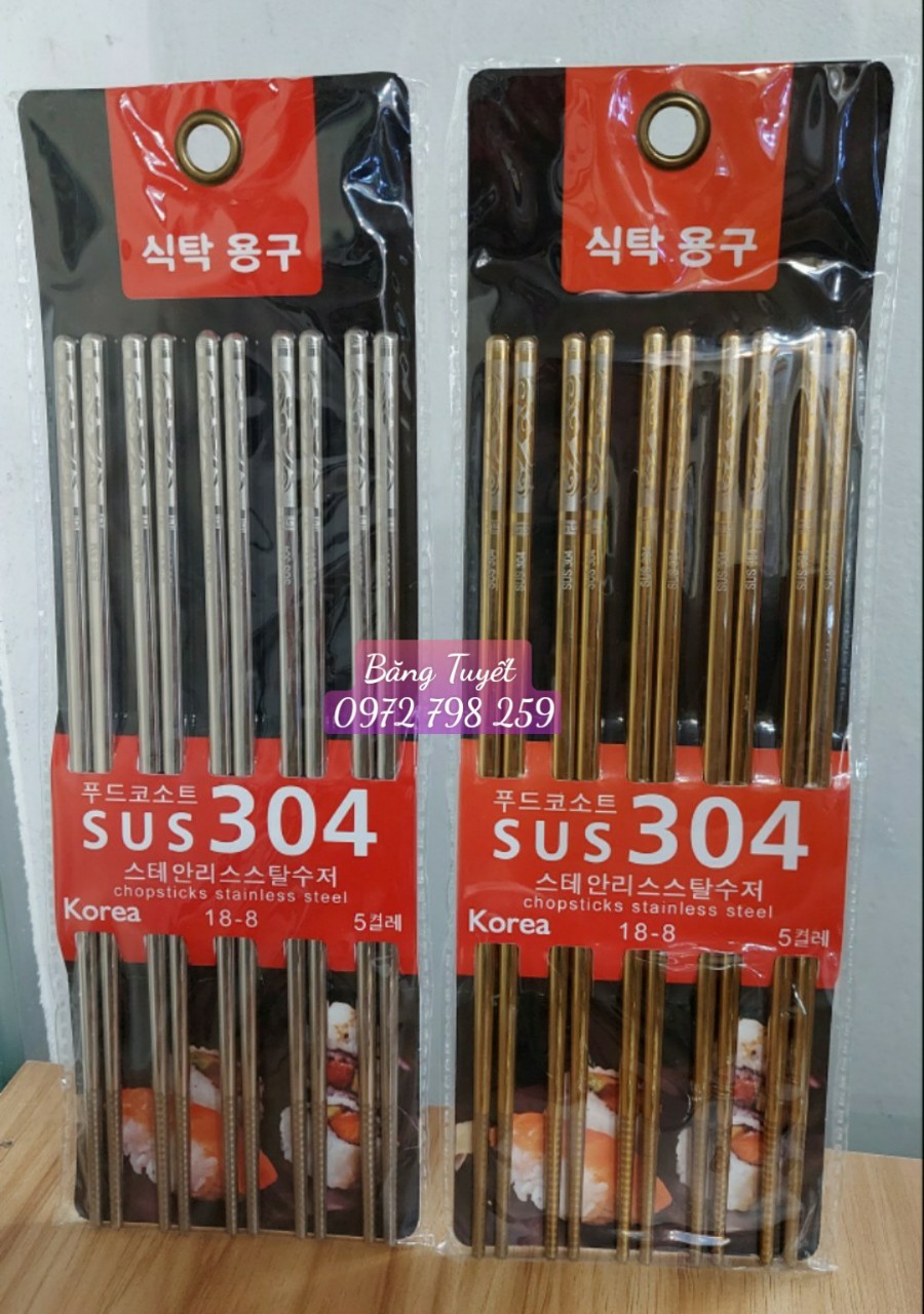 Đũa inox sus 304 hàn quốc cán vuông sét 5 đôi màu bạc ,vàng