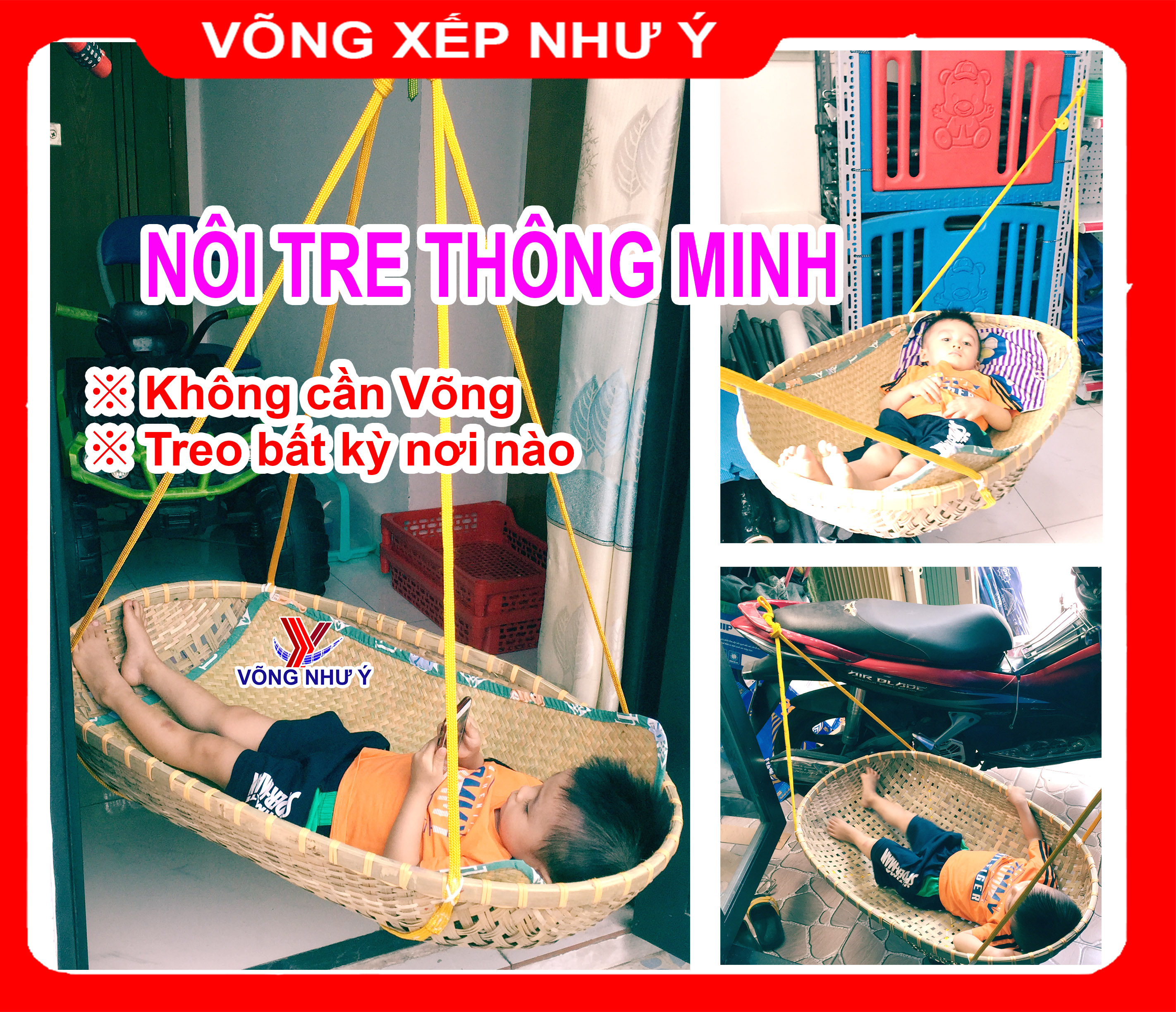 Nôi tre cho bé loại không cần đặt võng xếp treo bất kỳ chỗ nào phù hợp nhà trọ hẹp, nôi em bé size lớn 90x60 từ 0-3 tuổi an toàn cho bé vừa làm xích đu vừa không cần giá võng xếp có thể treo mọi nơi rất tiện lợi