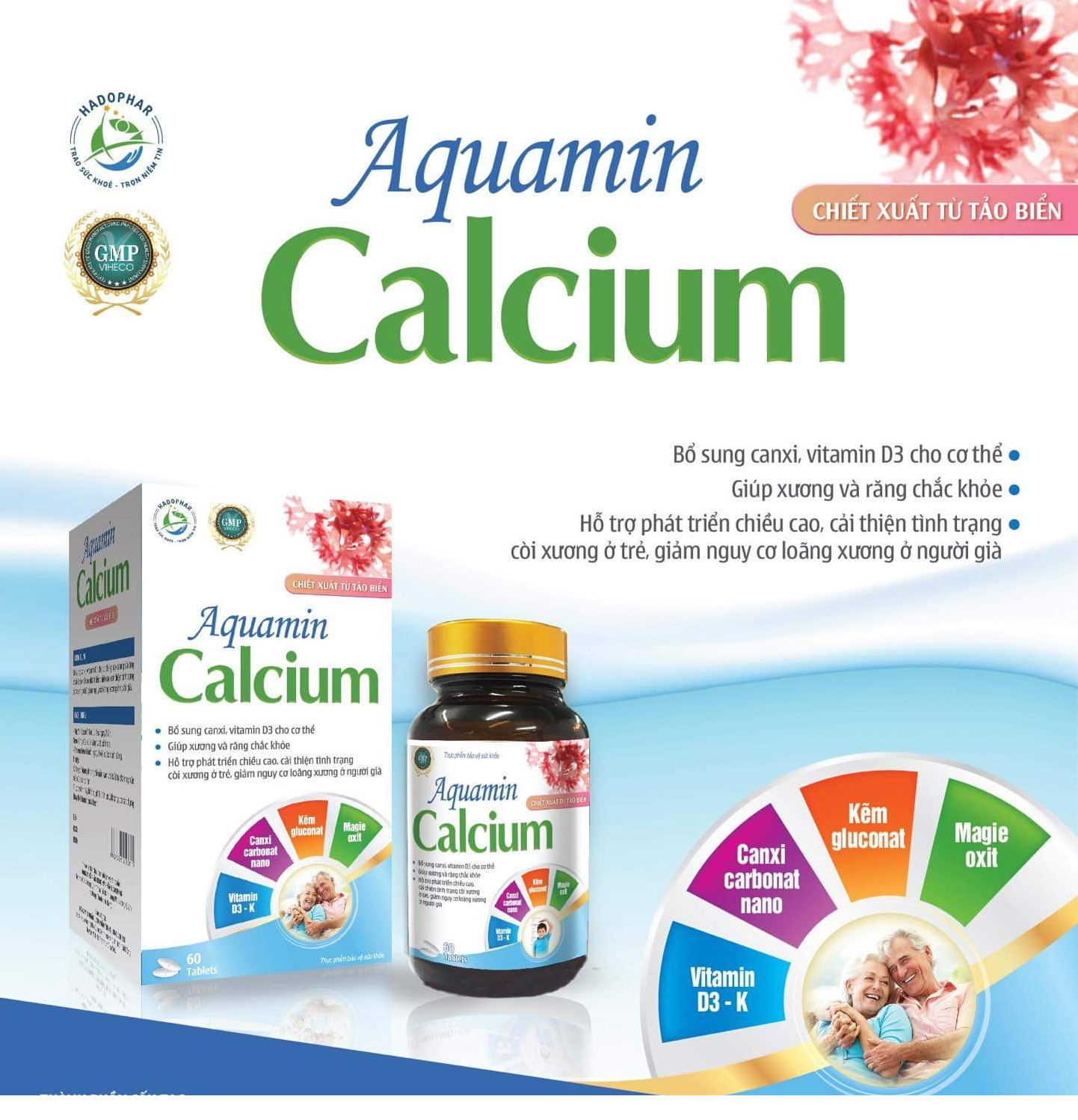 Canxi Chiết Xuất Từ Tảo Biển Đỏ Aquamin Calcium - Bổ Sung Canxi Nano, Vitamin D3 - Mk7 Cho Người Thiếu Canxi - Không Nóng, Không Gây Táo Bón - Lọ 60 Viên