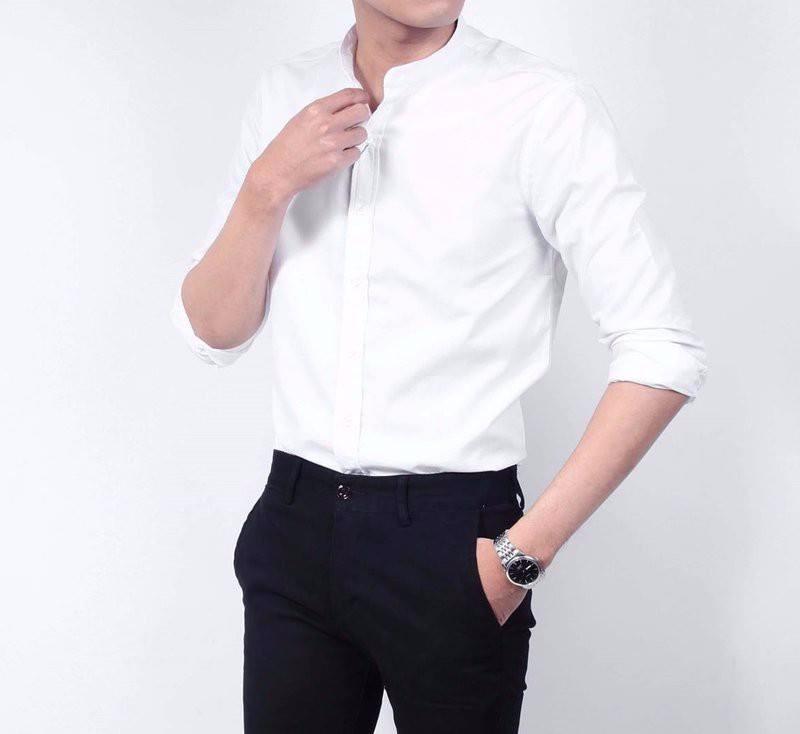 Áo sơ mi nam cổ tàu vải lụa cotton thời trang