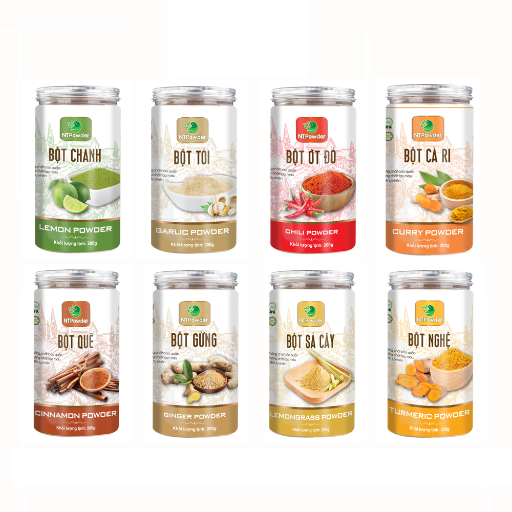 Bột Gia Vị nhà bếp sấy lạnh nguyên chất NTPowder 200g / 100g - Nhất Tín Food - Bột Chanh, Bột Sả, Bột Gừng, Bột Tỏi, Bột Hành Tím, Bột Ớt, Bột Nghệ, Bột Quế, Bột Cà Ri