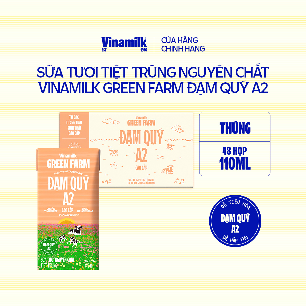 Thùng 48 hộp Sữa Tươi Tiệt Trùng Vinamilk Green Farm Không Đường A2 110ml