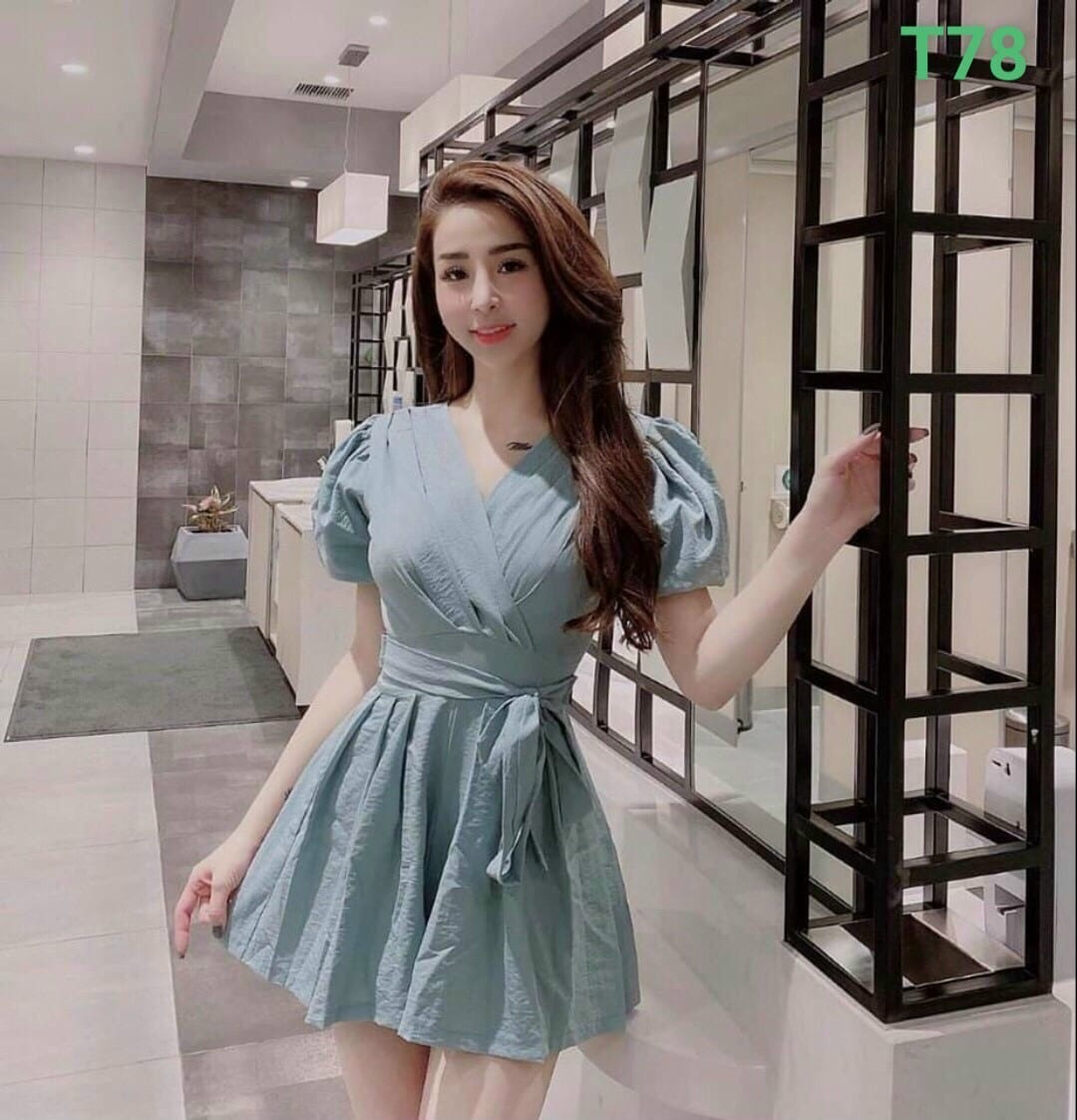 [MẪU MỚI] ĐẦM NỮ DÁNG SUÔNG THIẾT KẾ CỔ CHỮ V CÙNG TAY PHỒNG THẮT NƠ Ở EO THỜI TRANG SUNI