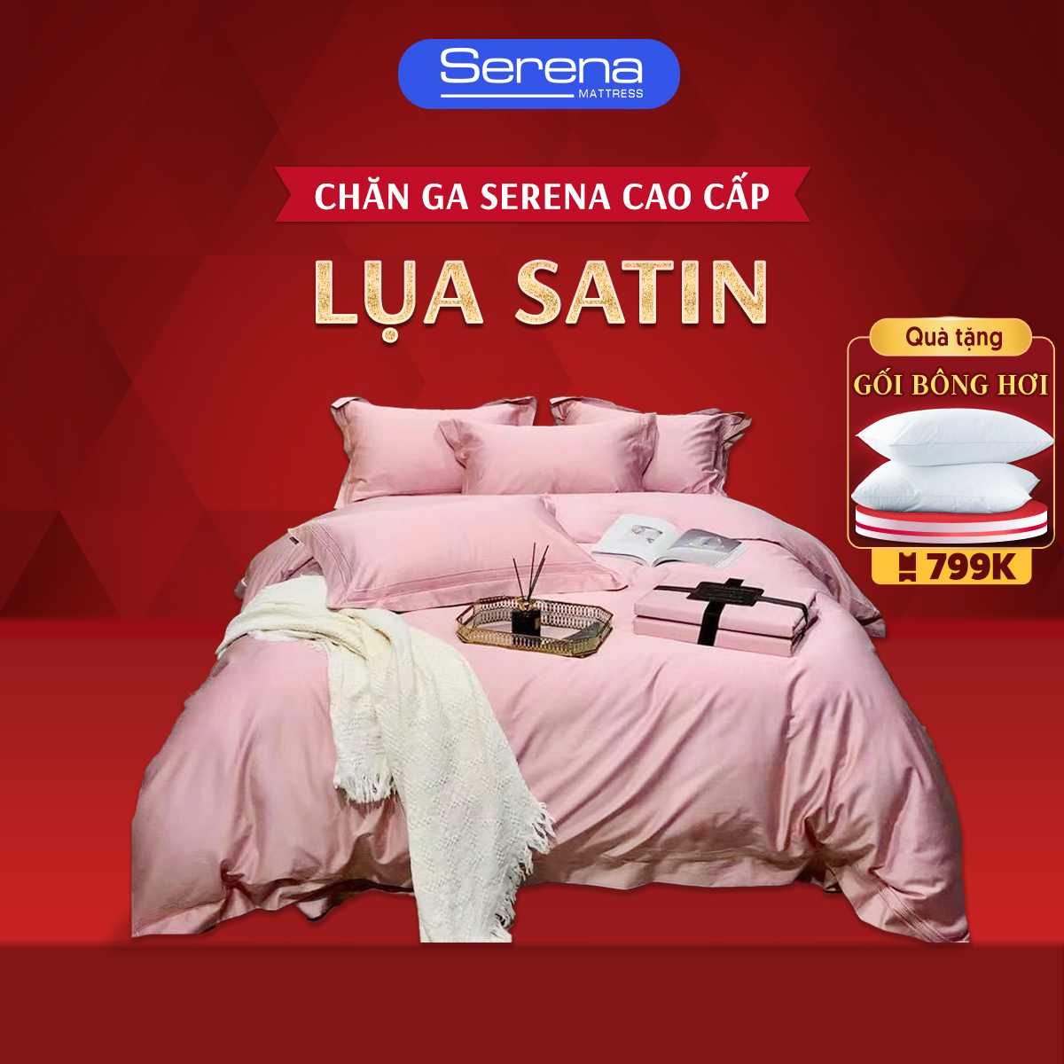 Vỏ chăn ga gối đệm 5 món lụa satin SERENA chính hãng  bộ chăn ga ra grap drap gối mền nệm niệm đệm người lớn cao cấp 5 món phi lụa satin trải phủ bọc giường hè mát lạnh sang trọng full - Serena Việt Nam