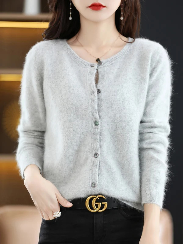 Lhzsyy Áo Cardigan nữ áo len Cashmere chồn nguyên chất siêu ấm Áo len nữ dáng rộng cổ tròn áo len đan màu trơn cho nữ