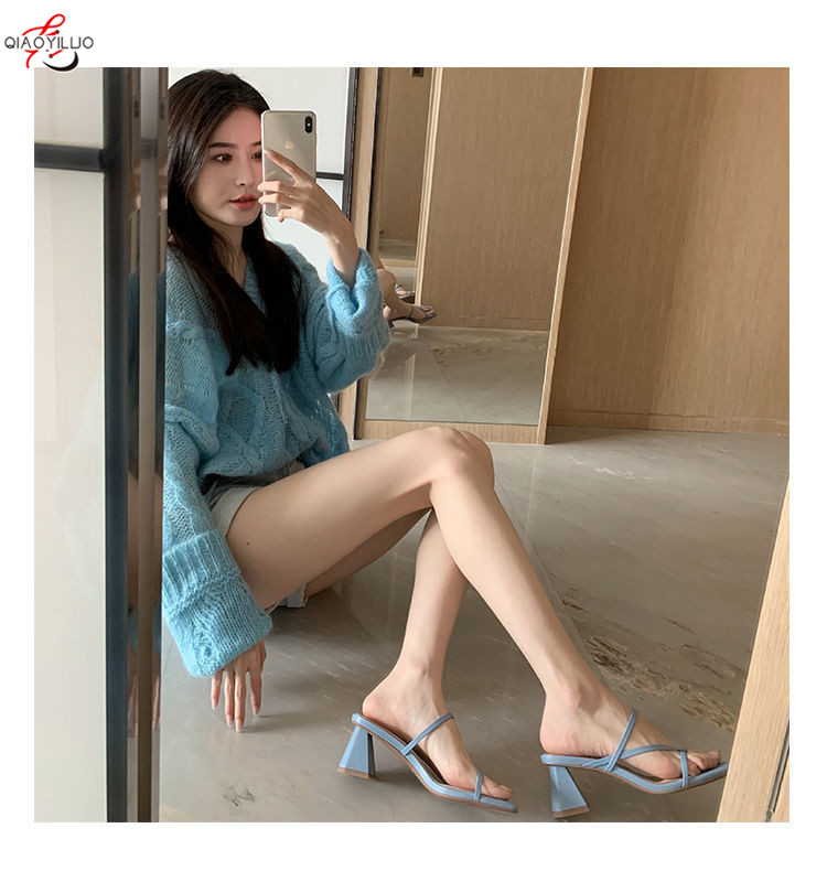 Qiaoyiluo xăng đan cao gót giày cao gót đính đá tình yêu ngôi sao xăng đan hở ngón giày cao gót nữ có khóa chữ màu bạc