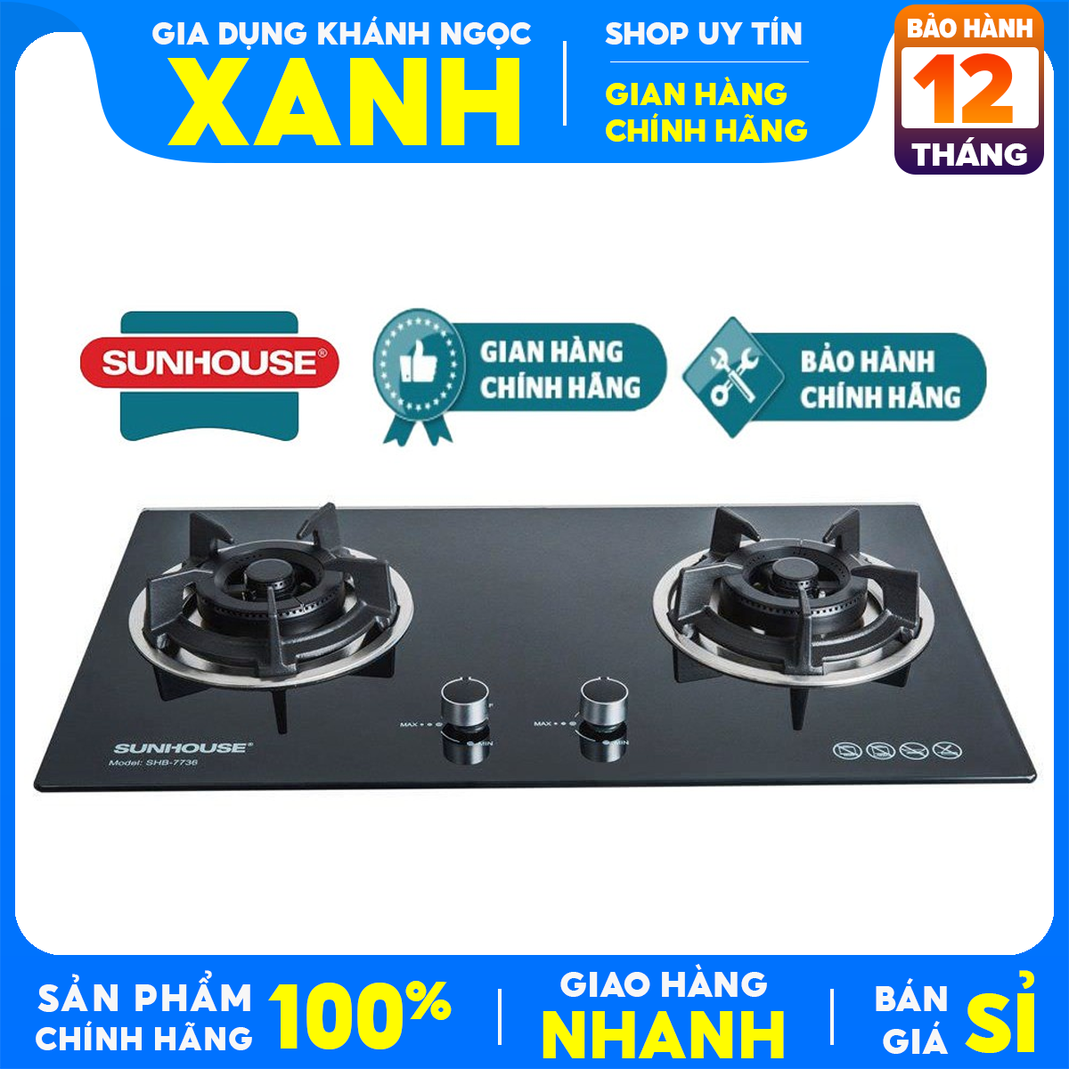 Bếp gas âm đôi cao cấp Sunhouse SHB7736 -Mới 100% Chính Hãng+Tặng Dây ga,cổ dê -Đánh lửa IC ,Đầu hâm,Ngắt ga tự động-Bảo Hành 24 Tháng
