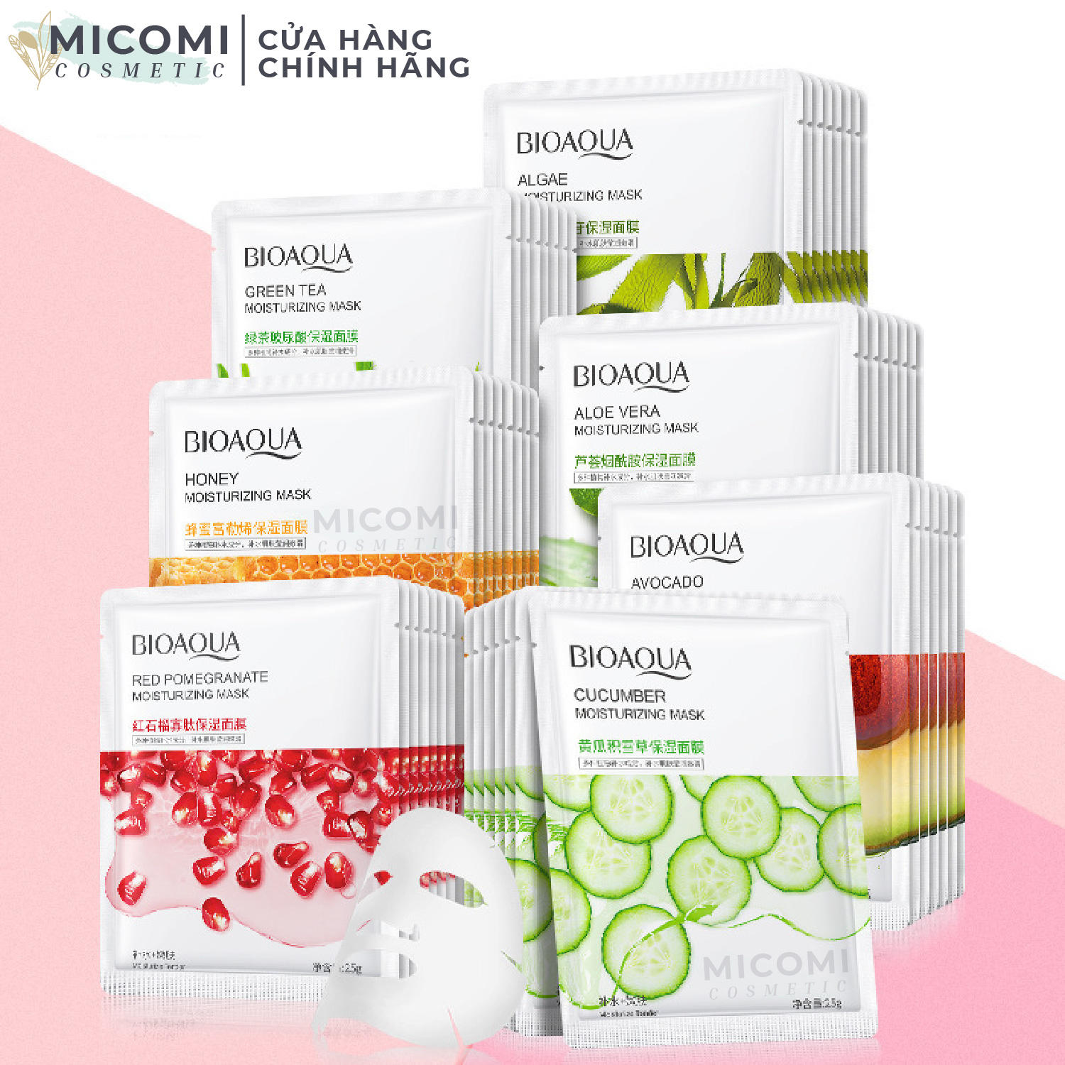 Mặt Nạ Trái Cây 8 Vị Dưỡng Trắng Da Cấp Ẩm Giảm Mụn Bổ Sung Vitamin Mask Giấy Đắp Mặt Bioqua Nội Địa Trυng MICOMI Cosmetics Trà Xanh l Bơ l Việt Quốc l Nha Đam Lô Hội l Mật Ong l Dưa Leo l Lựu l Tảo Rong Biển