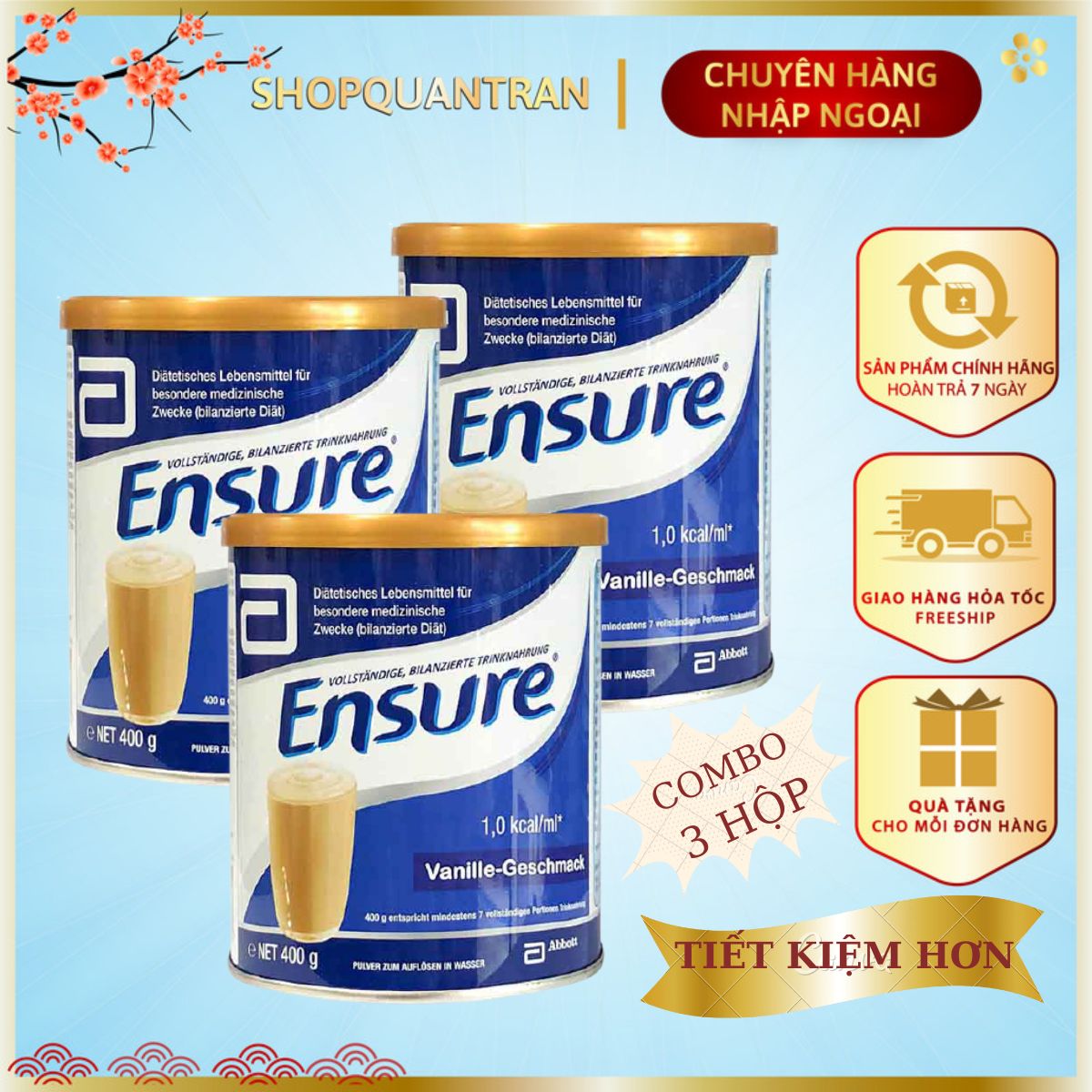 Combo 3 hộp sữa ensure đức hộp 400g hương vanila chính hãng